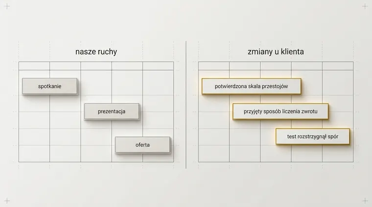 Dwie siatki tygodnia obok siebie. W lewej trzy wpisy opisują ruchy handlowca, w prawej trzy wpisy opisują to, co zmieniło się po stronie klienta.