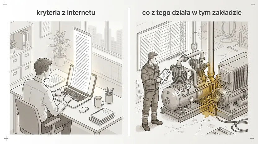 Po lewej kupujący przy laptopie z długą listą kryteriów z internetu, po prawej ten sam człowiek w swojej hali przy sprężarce, gdzie dwie maszyny tłoczą się w jednym przejściu.