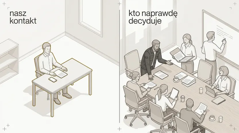 Po lewej jedna osoba przy biurku w pustym pokoju, po prawej siedem osób wokół stołu w tej samej firmie, kilka mówi naraz.