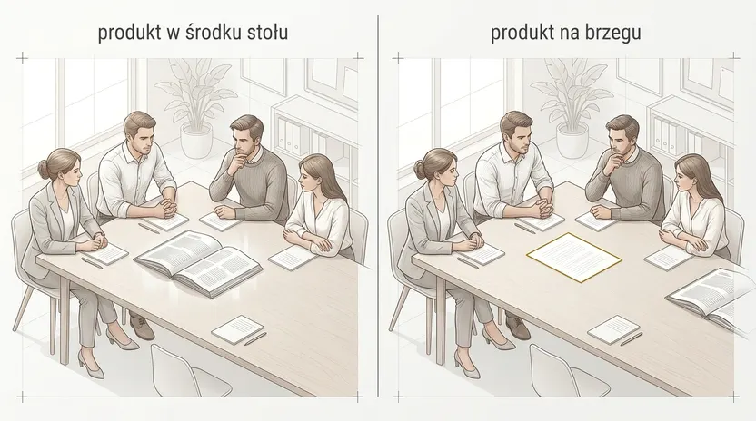 To samo spotkanie dwa razy. Po lewej na środku stołu leży gruby katalog produktu, po prawej jedna kartka obrysowana złotem, a katalog jest odsunięty na brzeg.