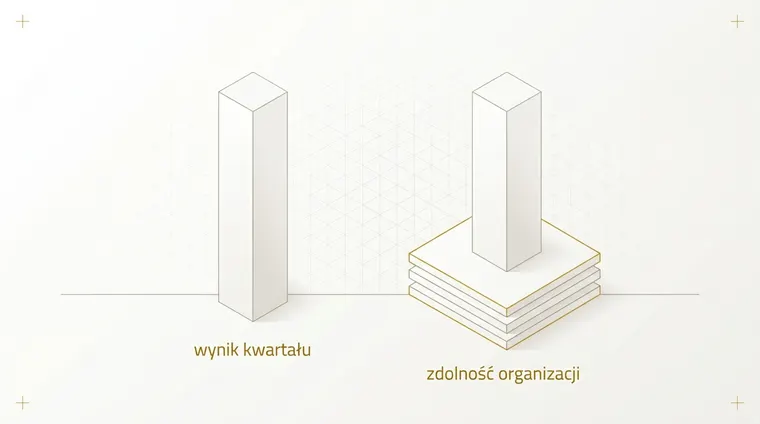 Dwa słupki tej samej wysokości na wspólnej linii. Jeden stoi wprost na niej, drugi na szerokiej podstawie z czterech warstw obrysowanej złotem.