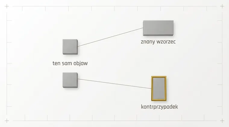 Dwa identyczne szare kwadraty jeden nad drugim, a od każdego biegnie linia do innego zakończenia: jedno jest szerokim szarym prostokątem, drugie wyraźnie innym w proporcjach i obrysowanym złotem. Linie nigdzie się nie schodzą.