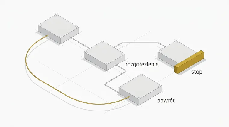 Cztery prostokątne bloki połączone cienkimi liniami. Z drugiego bloku droga rozdziela się na dwa kolejne; jeden z nich jest zamknięty grubą złotą sztabą, przez którą nic nie przechodzi, a od drugiego biegnie długi złoty łuk wracający dołem do bloku pierwszego.