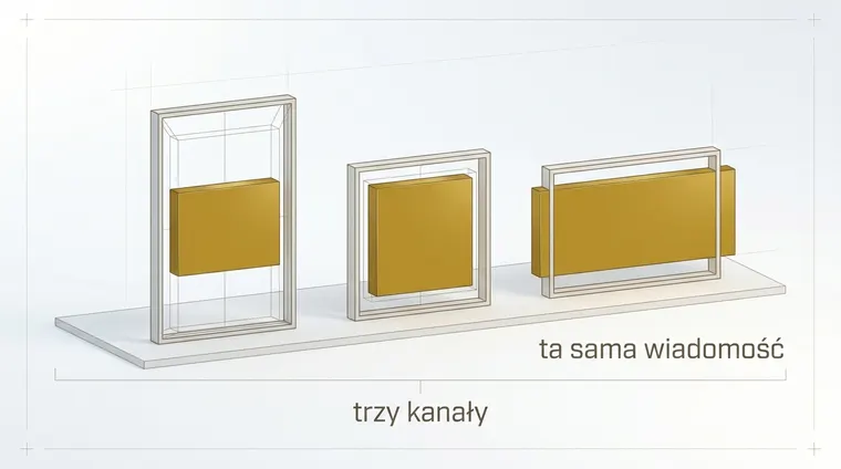 Trzy puste ramki o wyraźnie różnych kształtach — wysoka i wąska, kwadratowa, szeroka i niska. W każdej stoi ten sam złoty prostokąt: w kwadracie mieści się, w wysokiej zostawia puste pole, z szerokiej wystaje poza krawędzie.