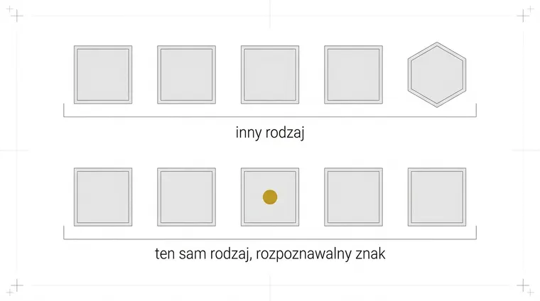 Dwa rzędy po pięć figur. W pierwszym cztery kwadraty i jeden sześciokąt, który wyróżnia się samym kształtem. W drugim pięć jednakowych kwadratów, z których jeden nosi w środku mały złoty znak.